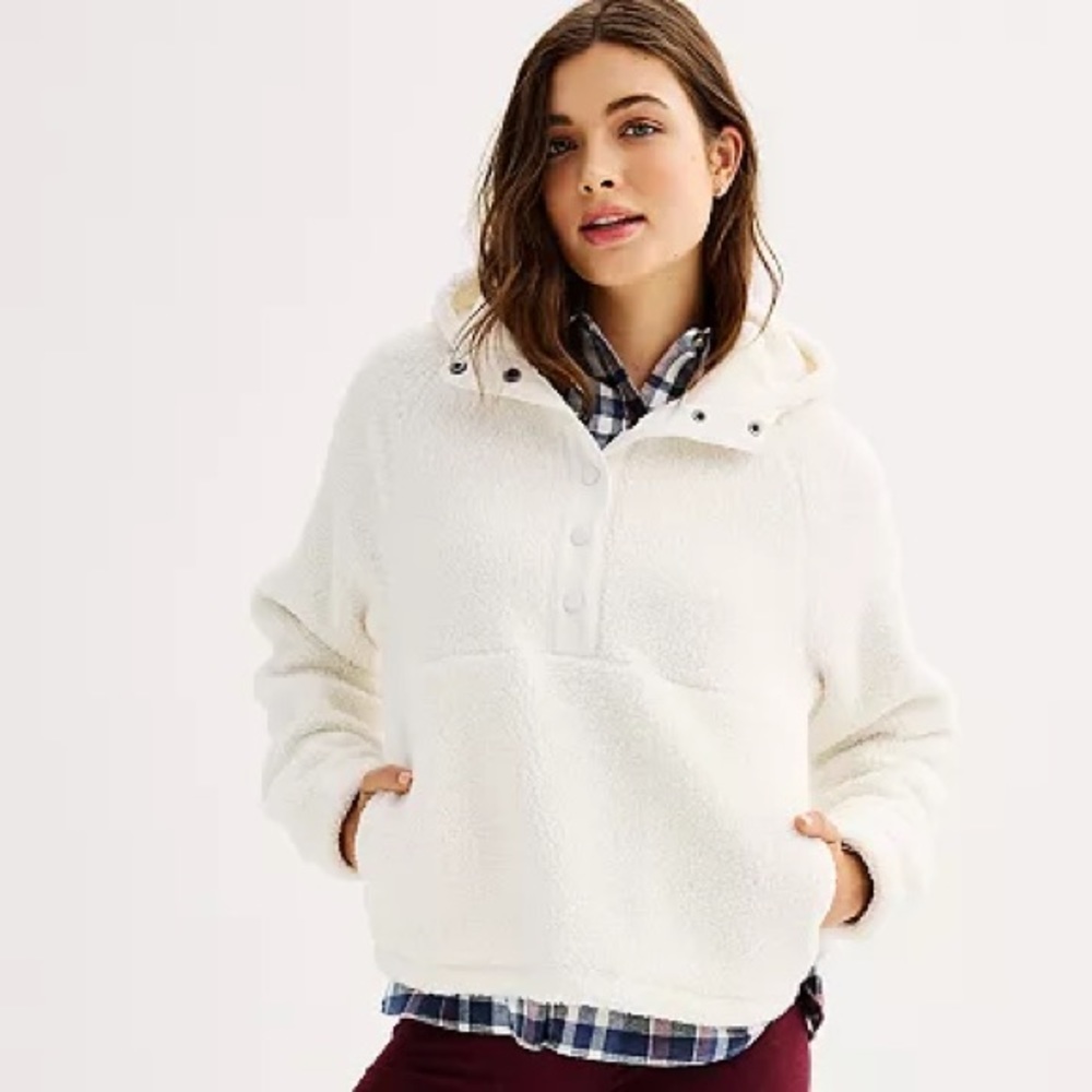 Juniors' SO® High Pile Hooded Snap Tunic Pullover Jacket in coconut white